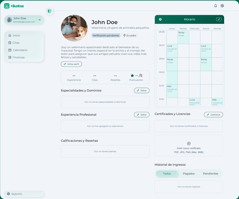 Perfil de veterinario verificado en la app PlusKotas